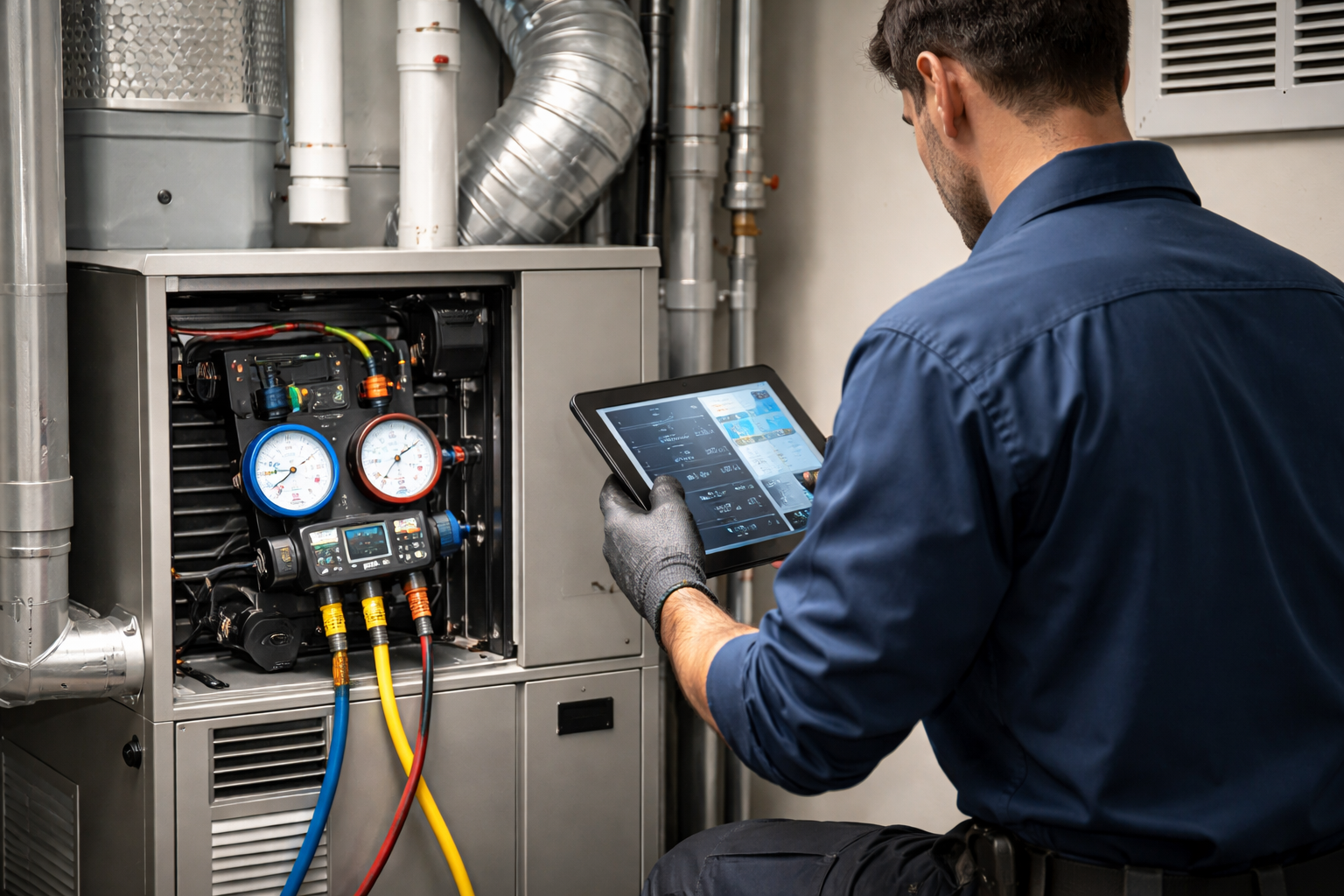 A technician wearing gloves uses a tablet to monitor an HVAC unit with colorful pressure gauges connected to it.