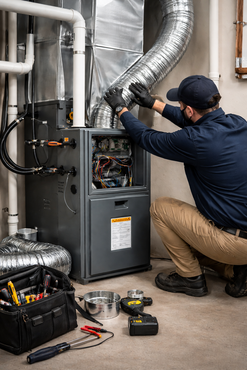 A technician in dark work clothes kneels while repairing an HVAC furnace unit with tools nearby on the floor.