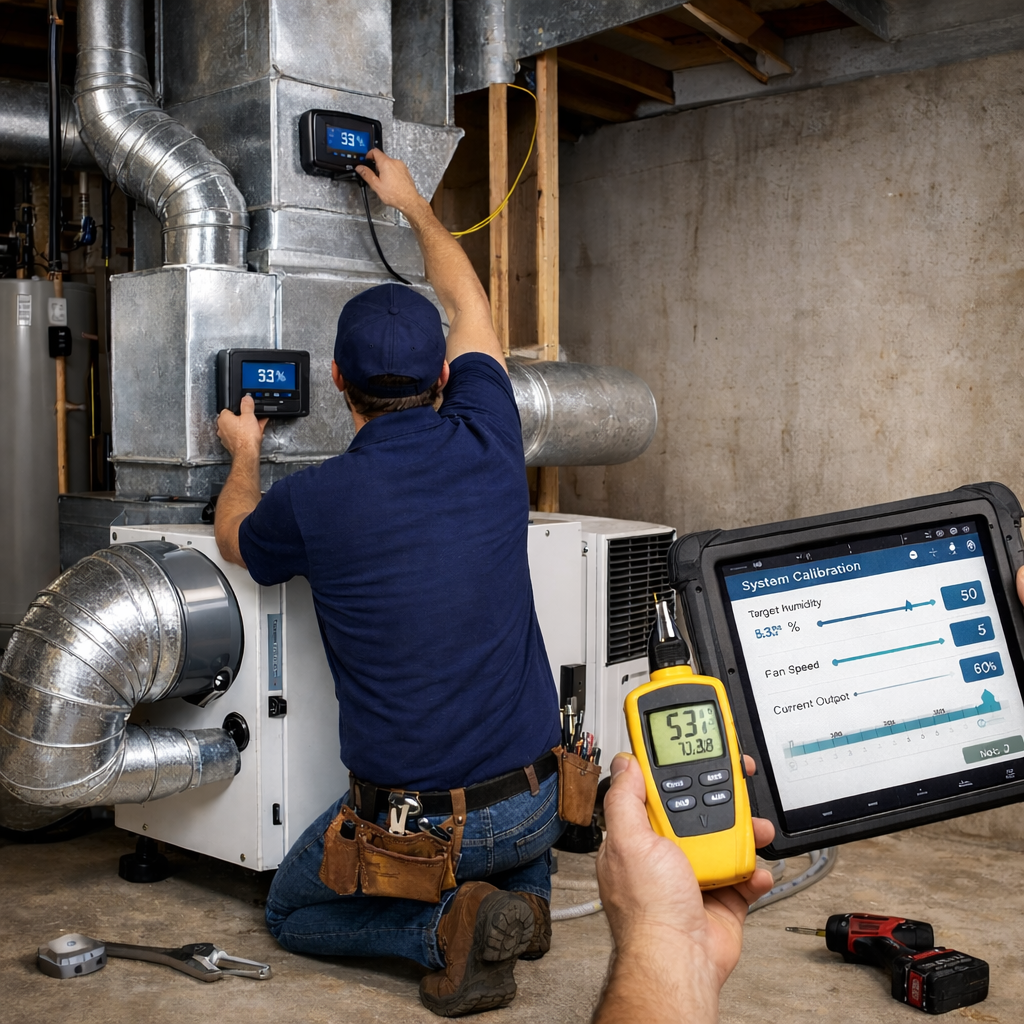 A technician in a basement installs and calibrates HVAC sensors while a tablet displays real-time performance data.