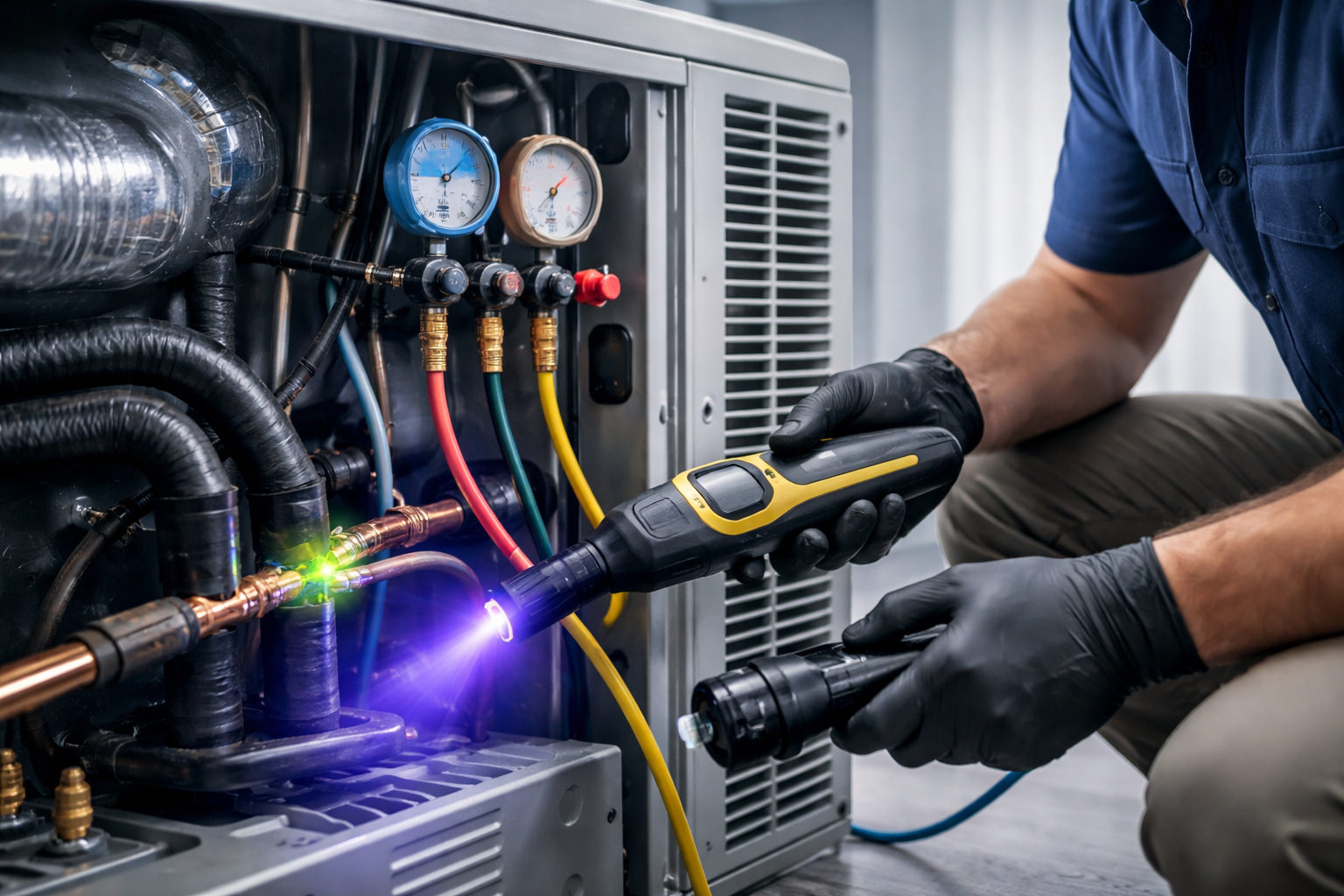 A person in a green polo shirt and black gloves smiles while holding papers in a bright, plant-filled indoor office.