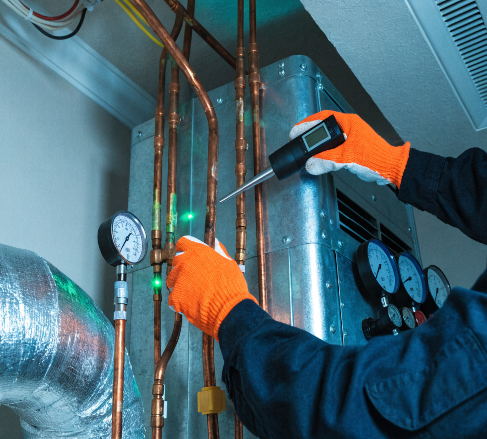 A person in a green polo shirt and black gloves smiles while holding papers in a bright, plant-filled indoor office.
