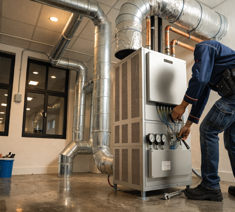 A technician works on a tall, industrial HVAC unit connected to large silver metal ductwork in an open-plan office space.