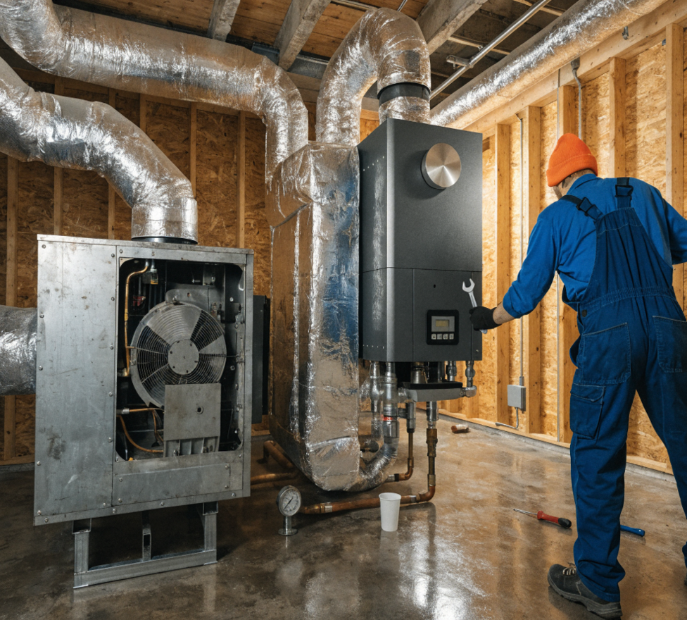A technician in blue coveralls uses a wrench to service an industrial HVAC system in a wooden-framed utility room.