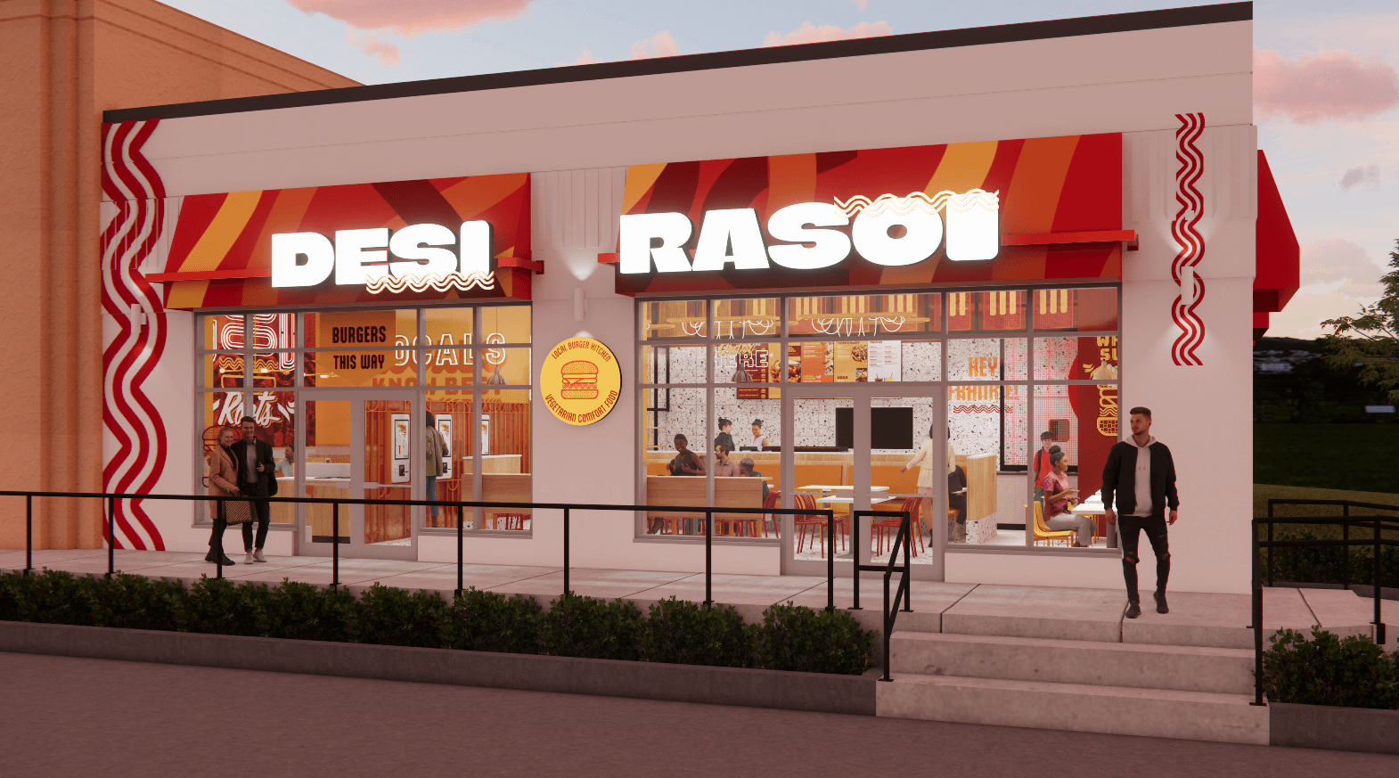 Exterior of a restaurant called Desi Rasoi, with awnings, signage, and people near the entrance.