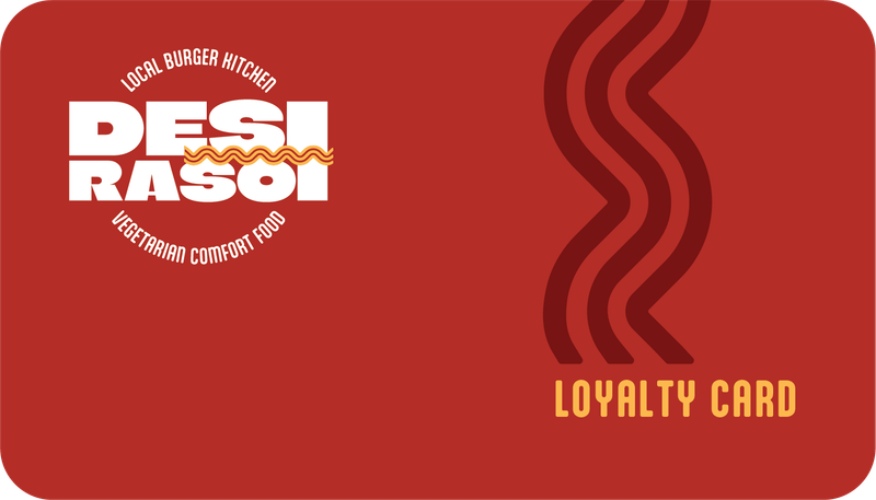 Desi Rasoi loyalty card with a red background, logo, and wavy lines.