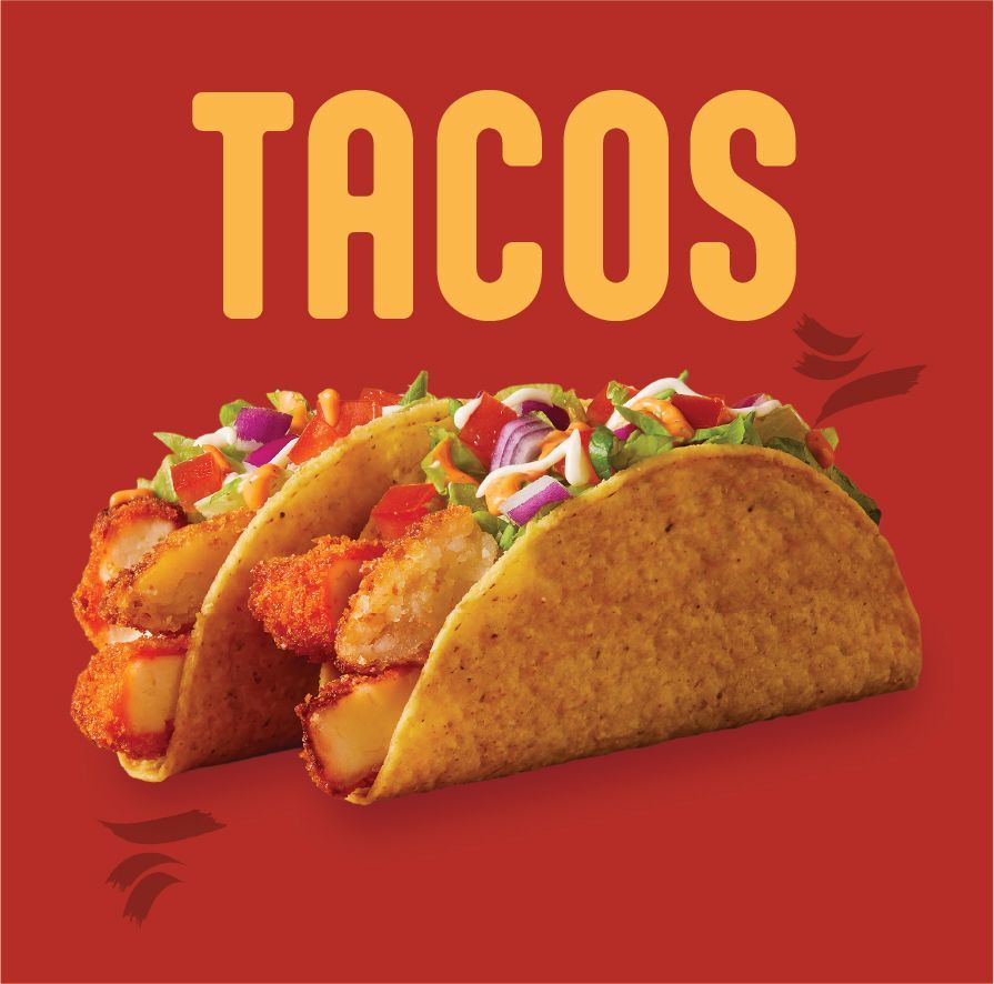 Three tacos filled with chicken and toppings, on a red background with the word "TACOS" in yellow.