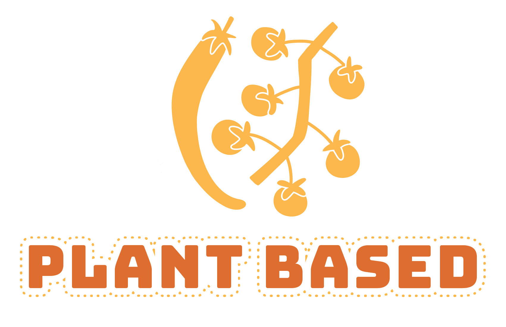 Plant-based food logo featuring a chili pepper and tomatoes in orange, text 