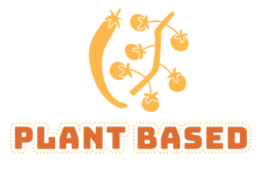 Plant-based food logo featuring a chili pepper and tomatoes in orange, text