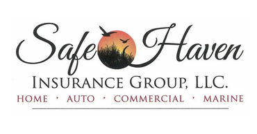 Safe Haven Insurance Group, LLC logo with sunset palm tree and services: home, auto, commercial, marine
