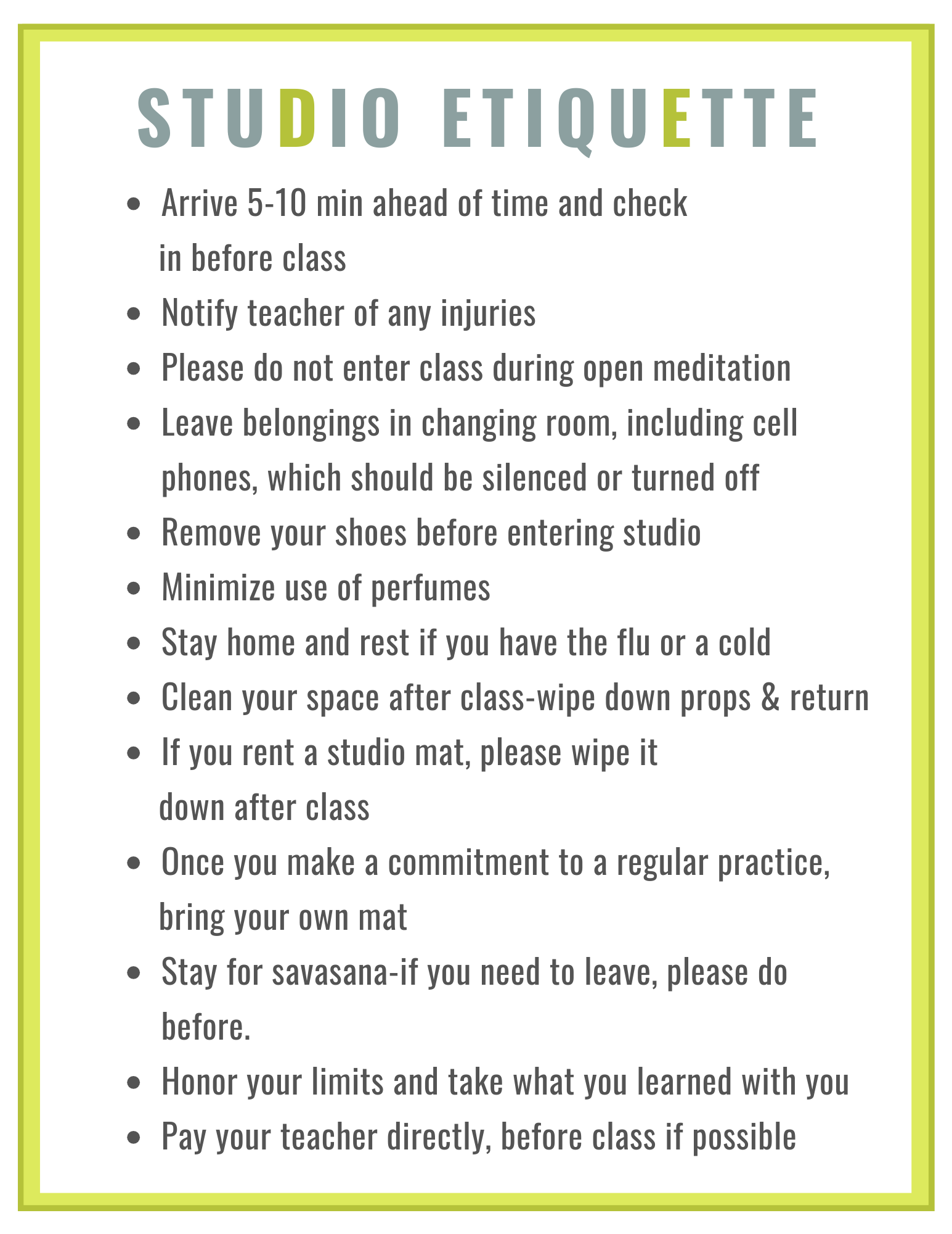 A poster that says studio etiquette on it