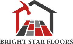 Logo: Hammer in a house shape over floor tiles; red, gray, and black color scheme; 