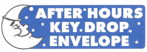 a blue sign that says after hours key drop envelope