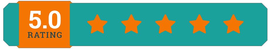 A five star rating is shown on a blue background.