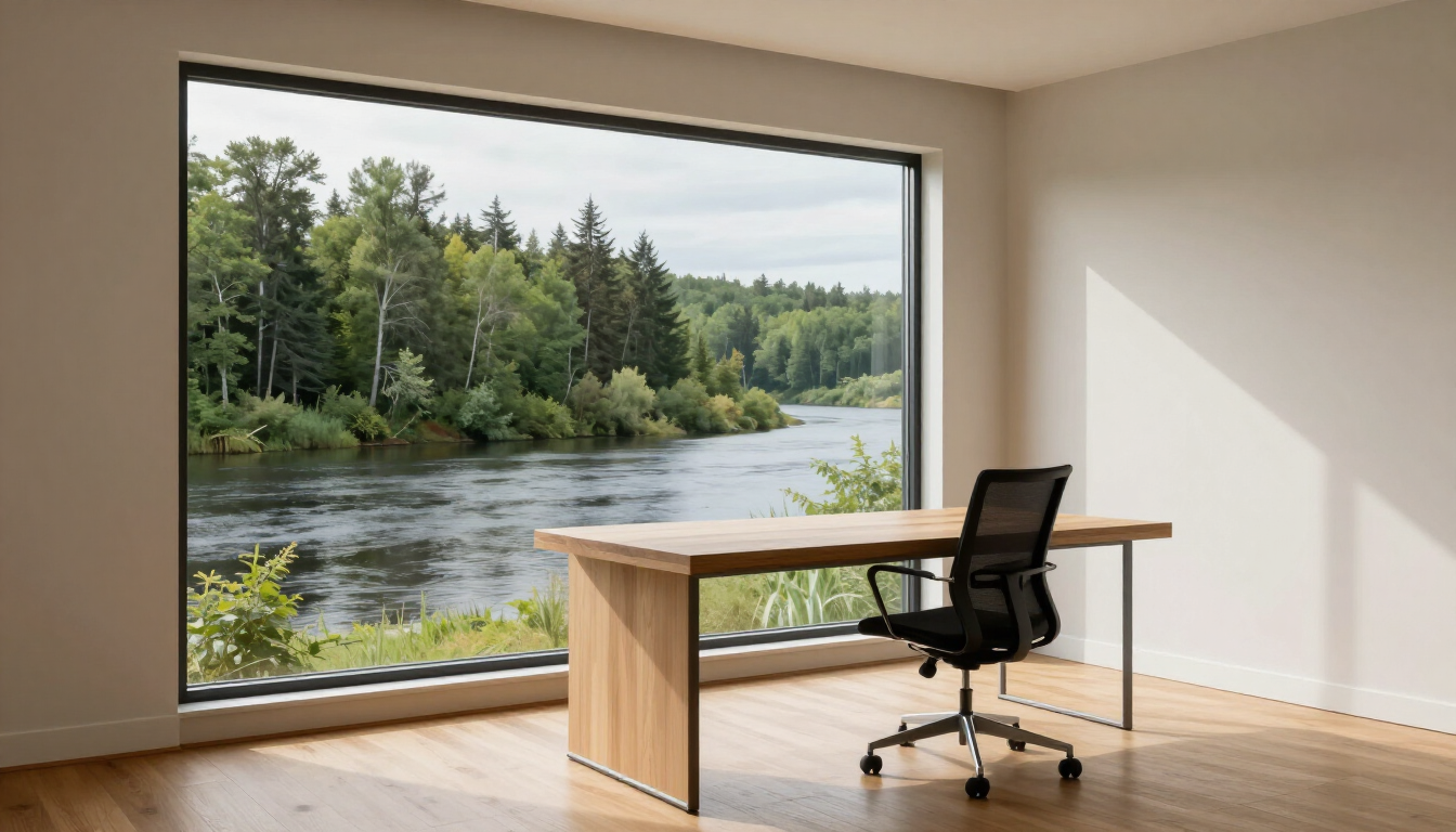 A modern home office overlooking the scenic St. John River in Nackawic, New Brunswick.