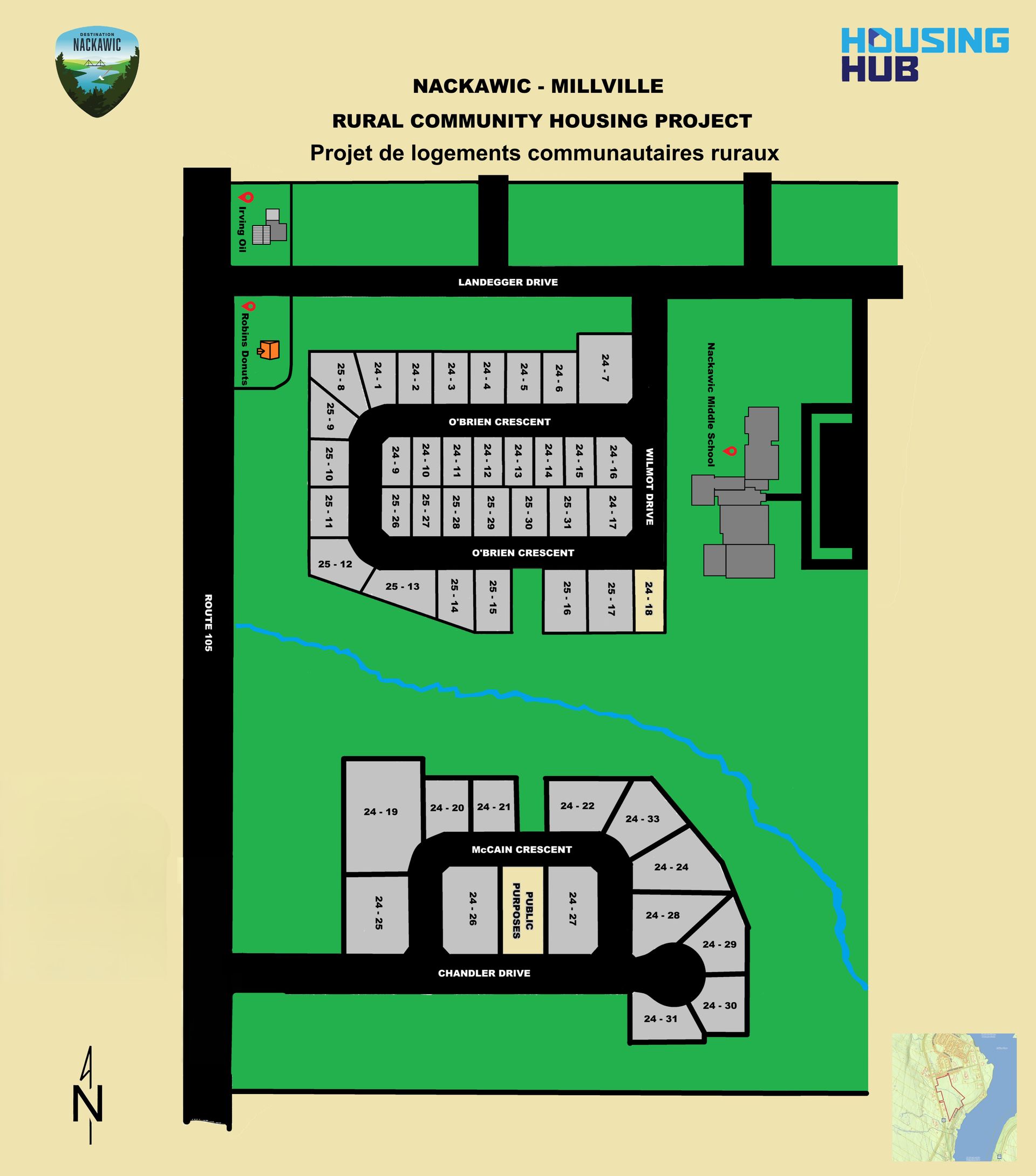 Map of a rural community housing project in black and white, with a river and road.