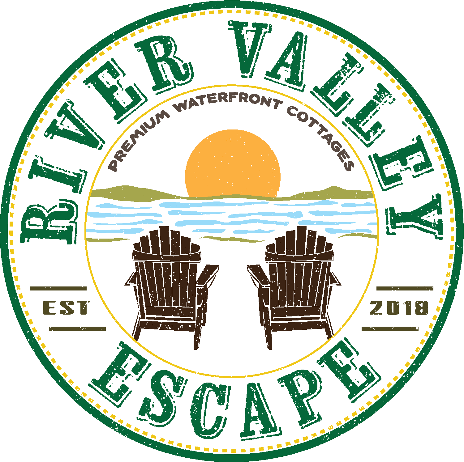 River Valley Escape logo: green circle with text, two chairs, sunset over water.