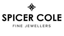 Spicer Cole logo: Black text with a diamond-shaped design on top. "FINE JEWELLERS" is below.