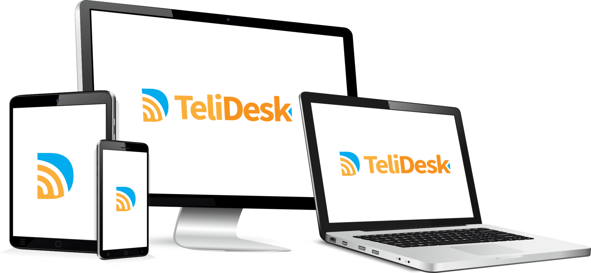 A computer , tablet , and laptop with the telidesk logo on them.