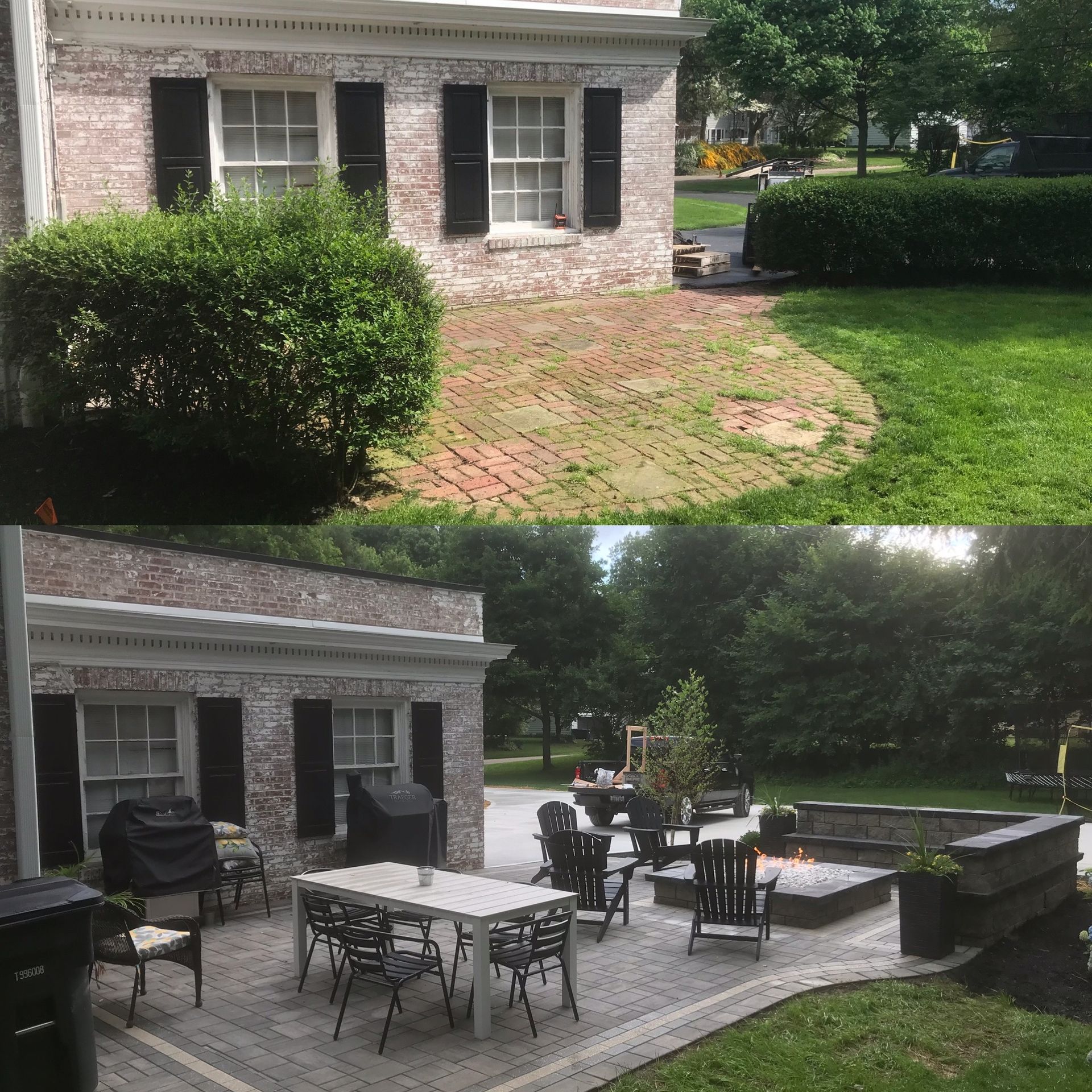 Before and after view of a brick patio transformation with outdoor furniture and fire pit.