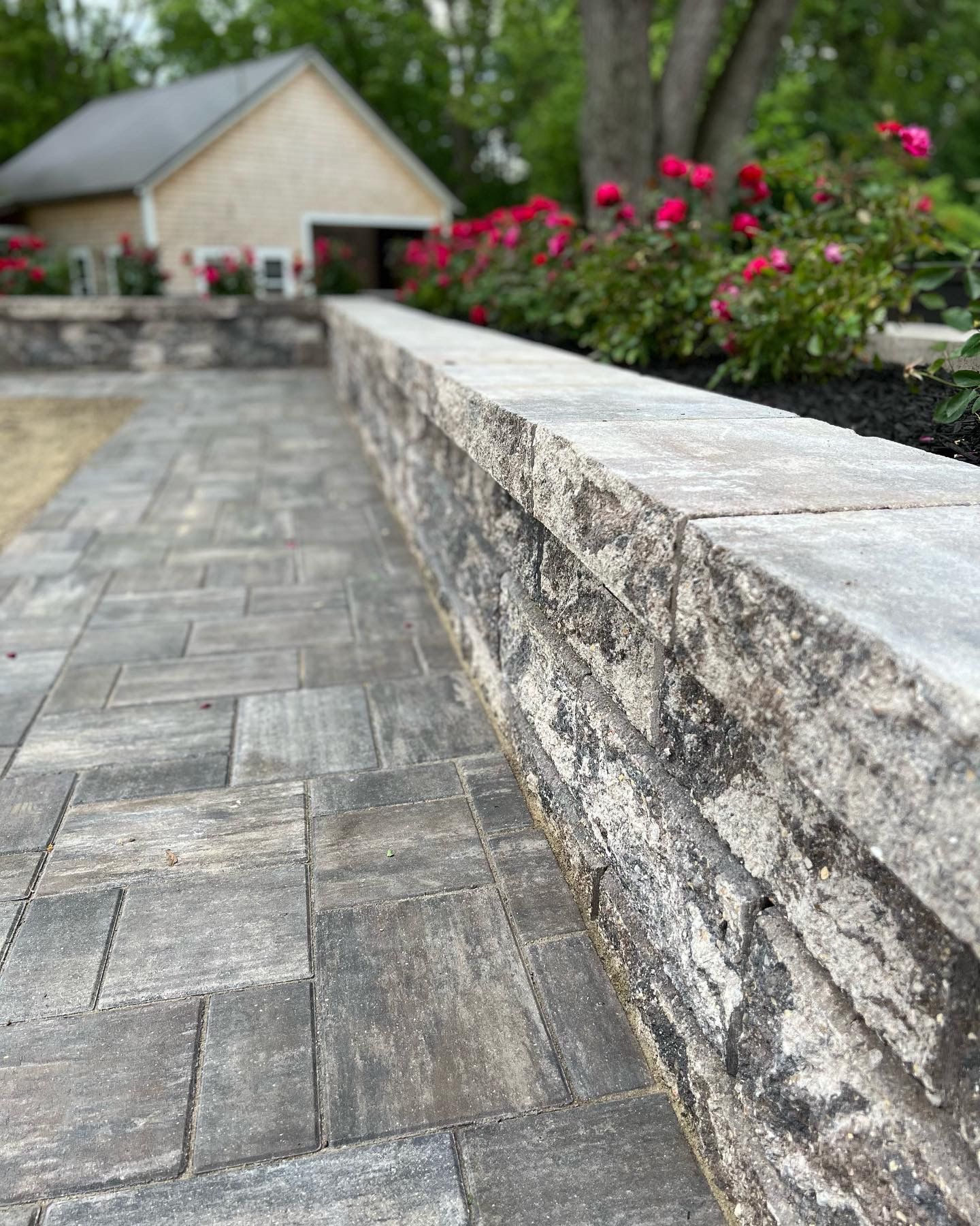 Brick patio and retaining wall with red flowers and a building in the background.
