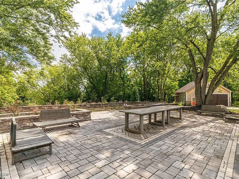 Patio with brick paving, wooden benches, table, and small building surrounded by trees under a cloudy sky.