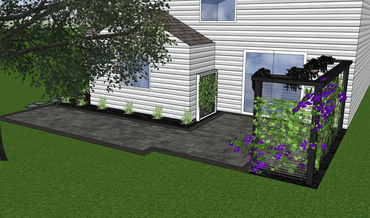 Backyard patio with a dark gray patio, vines on a trellis, and a sliding door.