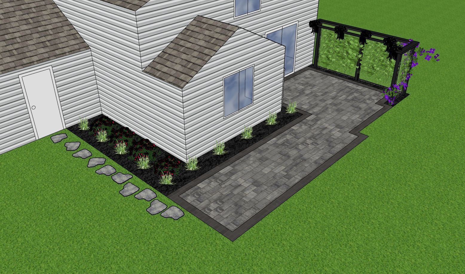 3D rendering of a white house with a gray patio and a black pergola, surrounded by grass and landscaping.