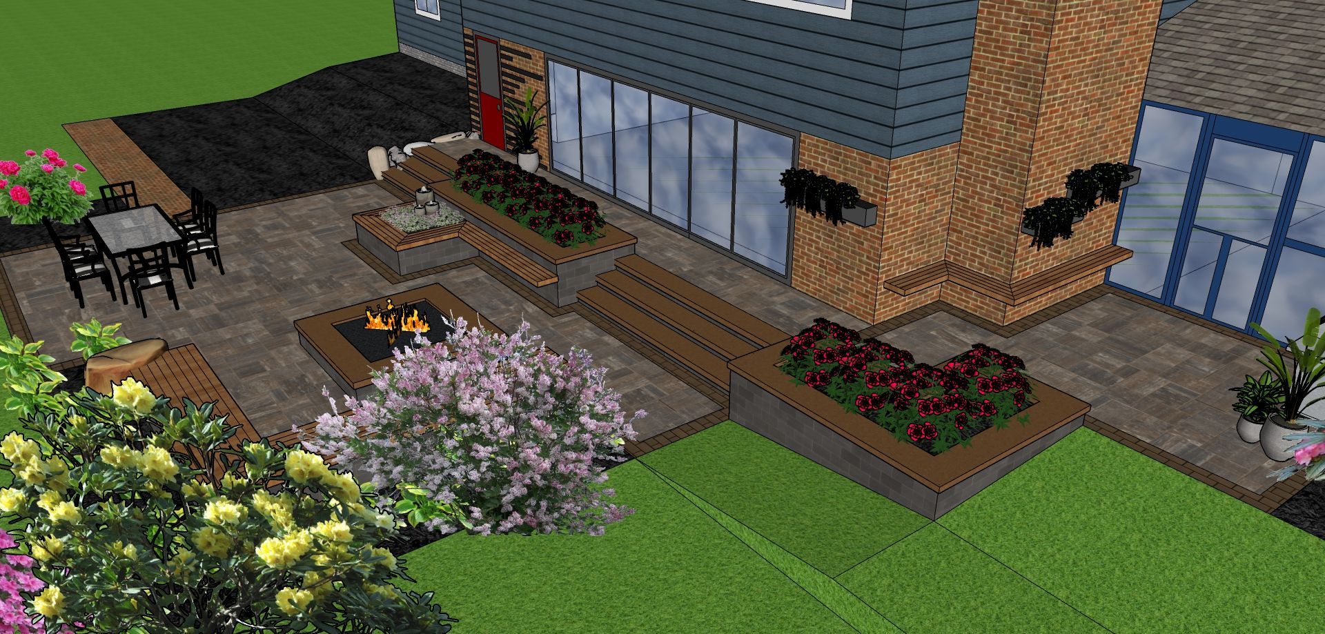 Outdoor living space with landscaping, seating, and a fire pit.