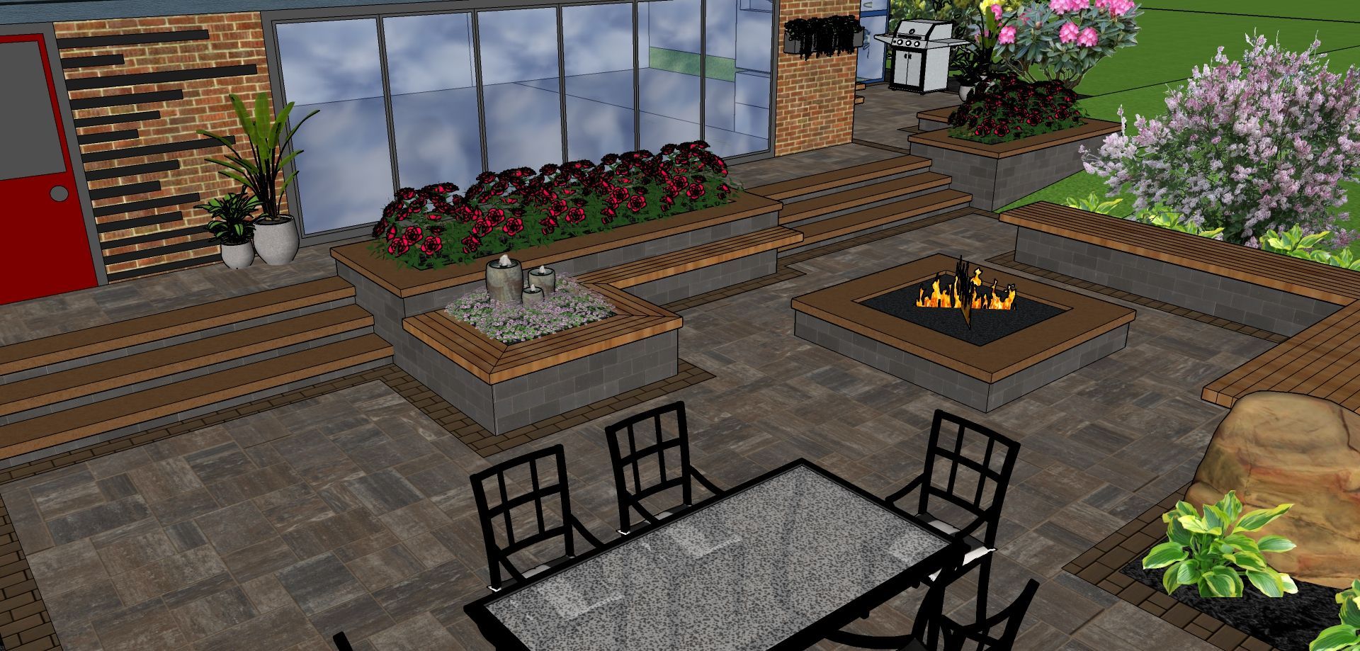 Patio with brick and glass walls, benches, a fire pit, dining set, and a water feature.