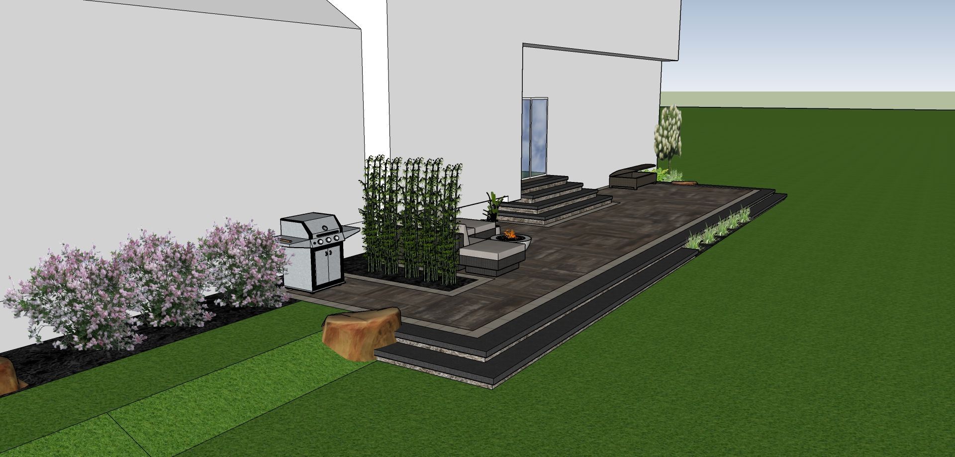 3D rendering of a backyard with a deck, grilling area, and landscaping, with white buildings in the background.