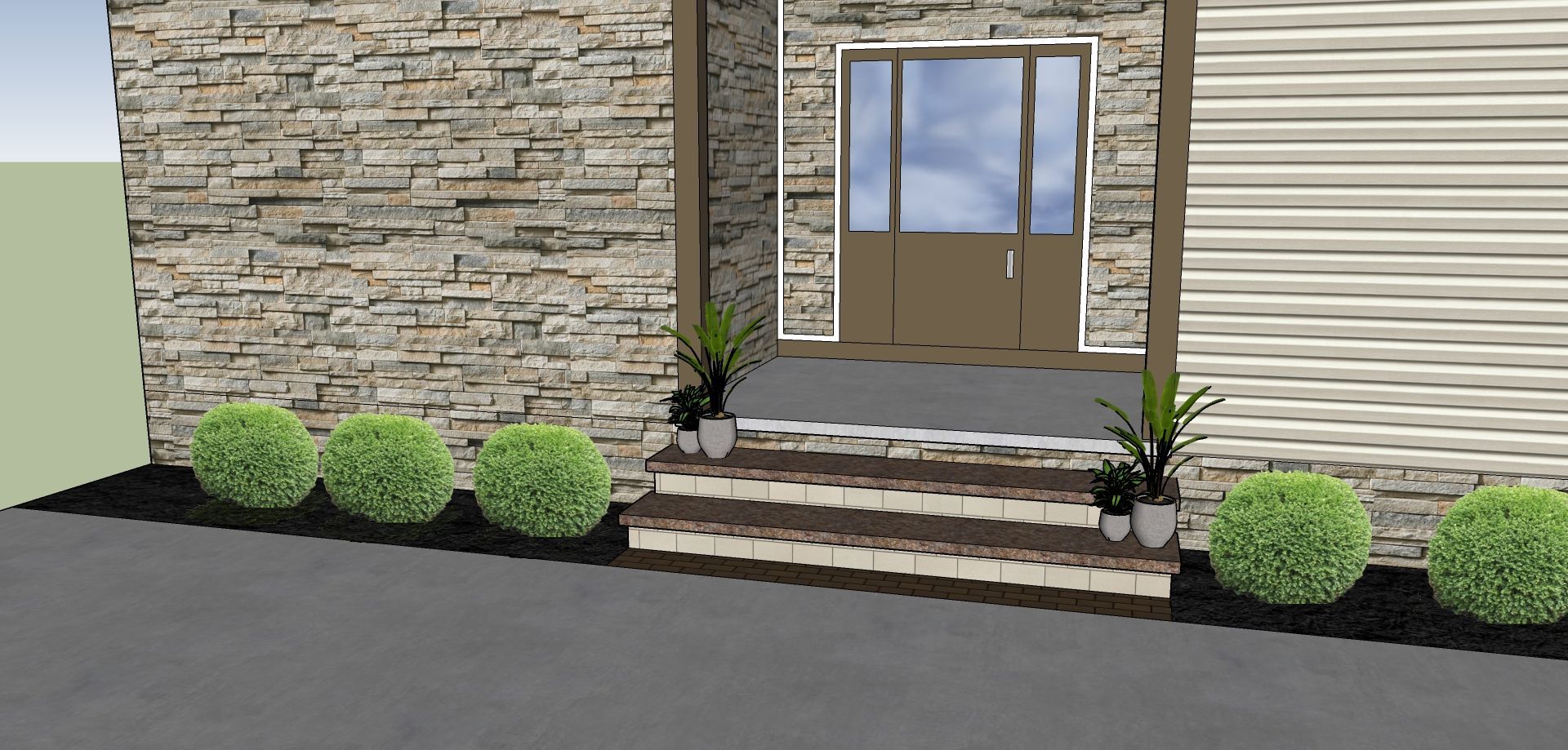 Exterior view of a building with a stone facade, door, steps, and shrubs.