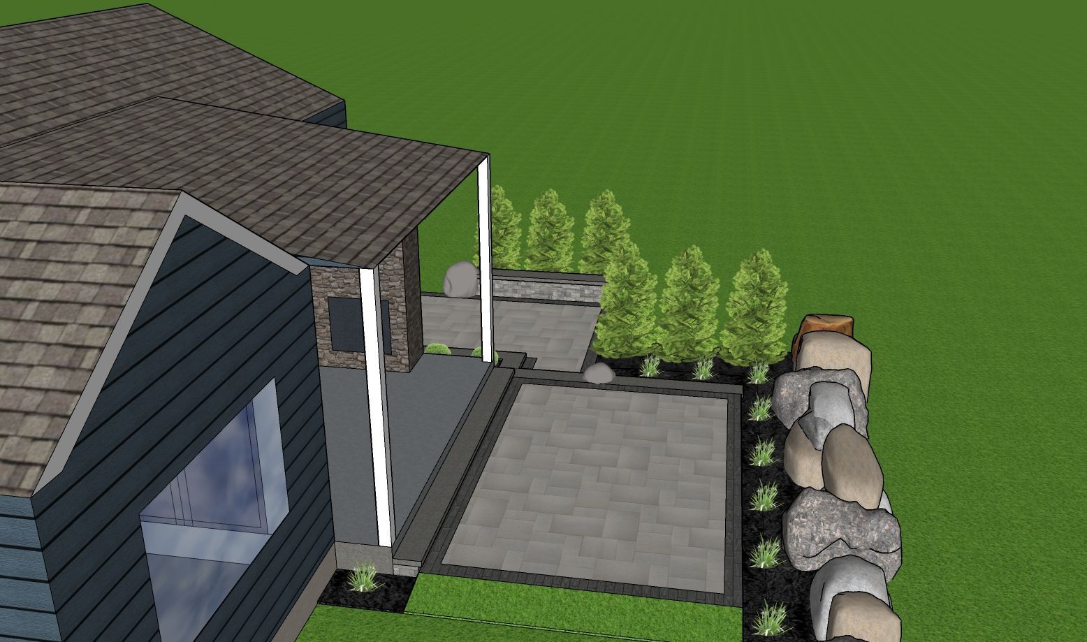 Rendering of a house with a patio and landscaping. Shows stone retaining wall, trees, and green lawn.
