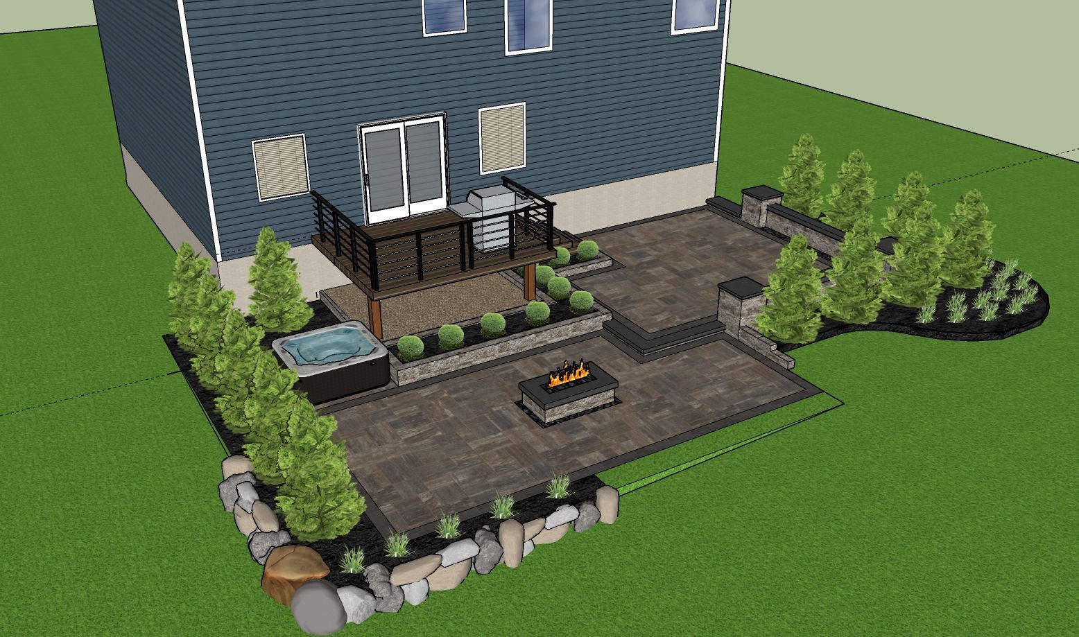 3D rendering of a backyard patio with a deck, hot tub, fire pit, and landscaping.