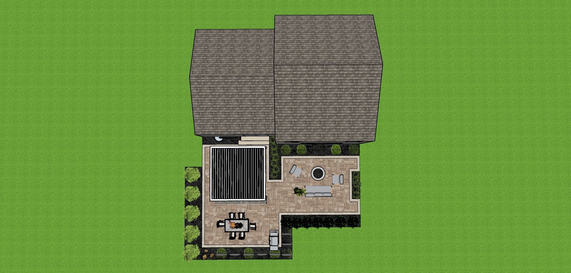 Top-down view of a house with a pool, patio, and lawn.