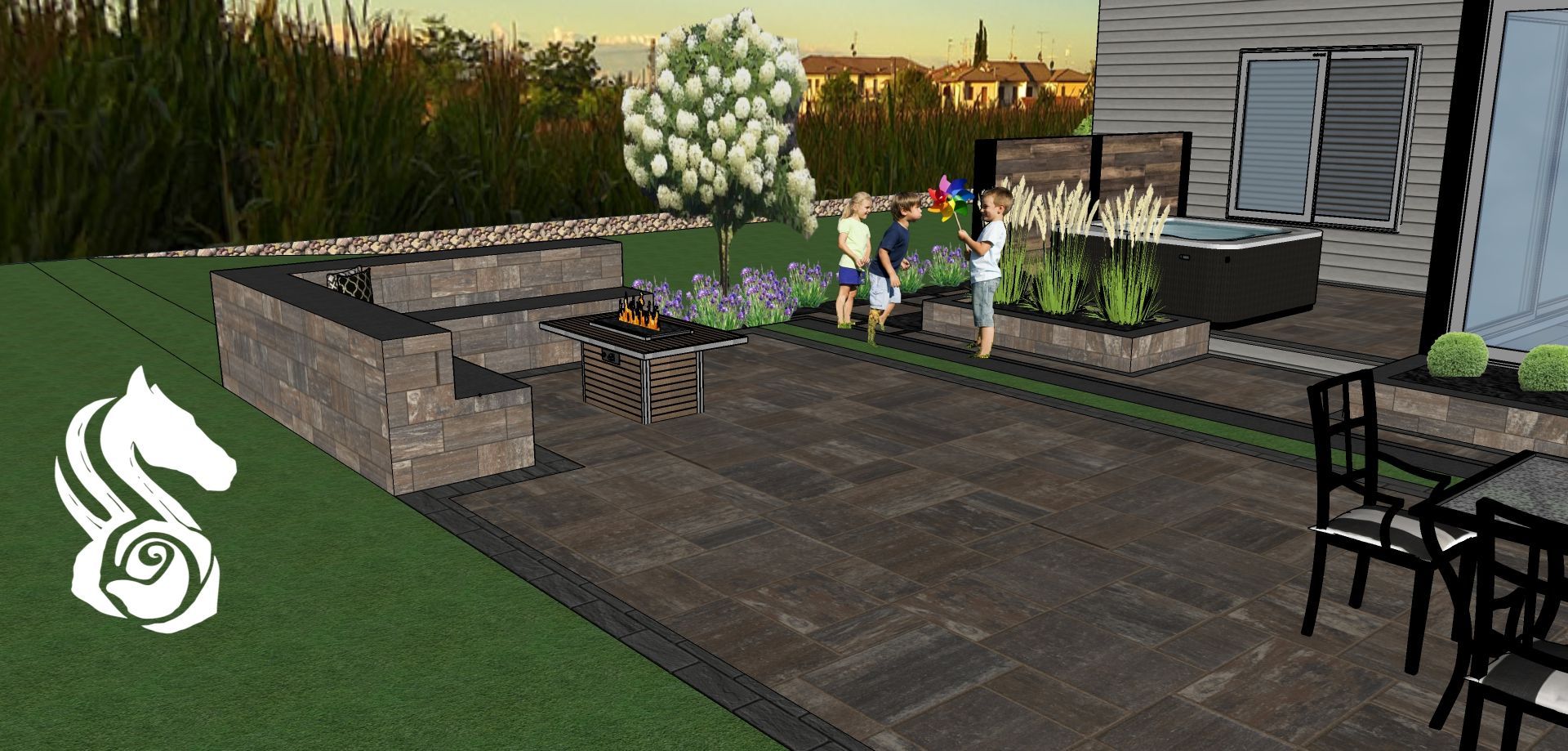Backyard patio with seating, grill, and hot tub. Three people stand near a flower garden.