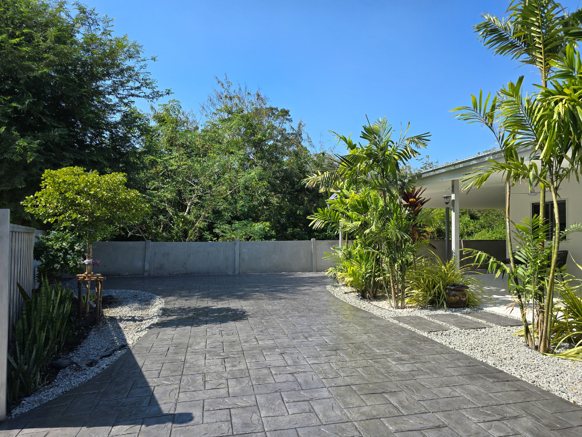 Paved driveway beside lush tropical plants and a white house under a clear blue sky
