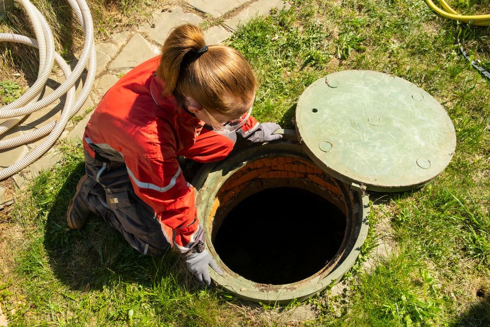 A woman is kneeling down in front of a manhole cover.