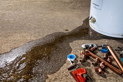 A water heater is sitting on the ground next to a puddle of water.