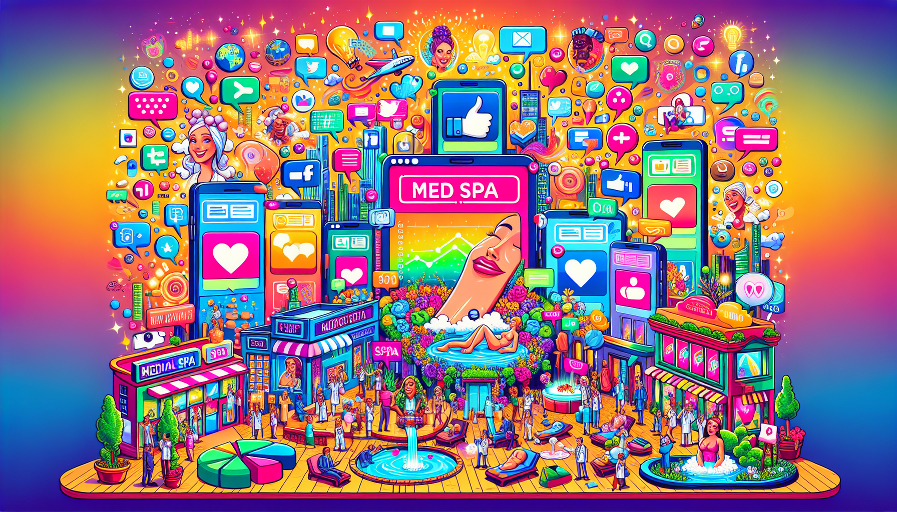 An illustration of social media platforms being utilized for med spa marketing.