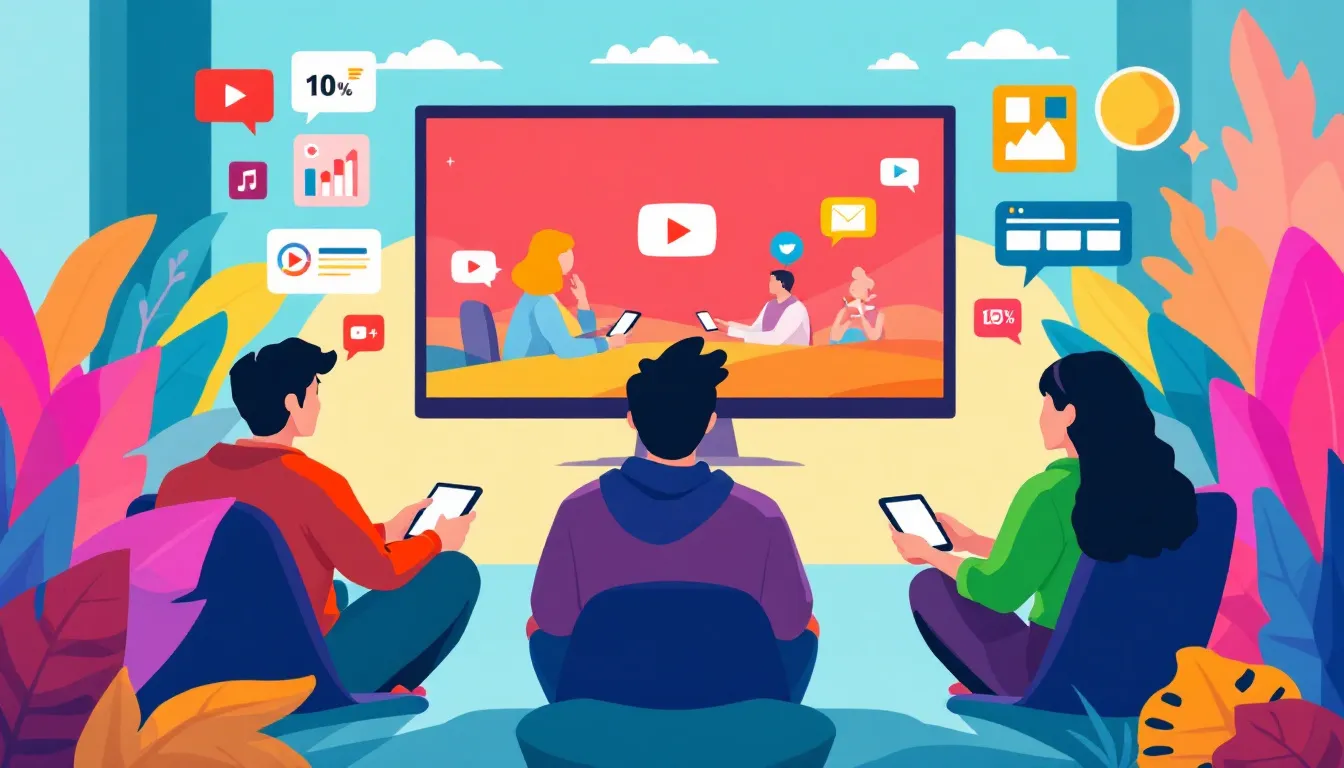 A vibrant scene of people watching YouTube videos on different devices.