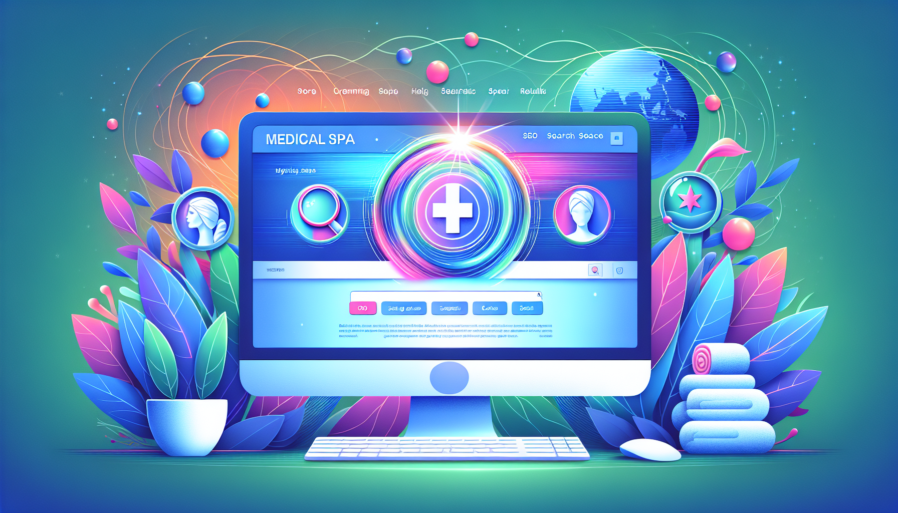 An illustration representing a well-optimized medical spa website with user-friendly design and SEO elements.