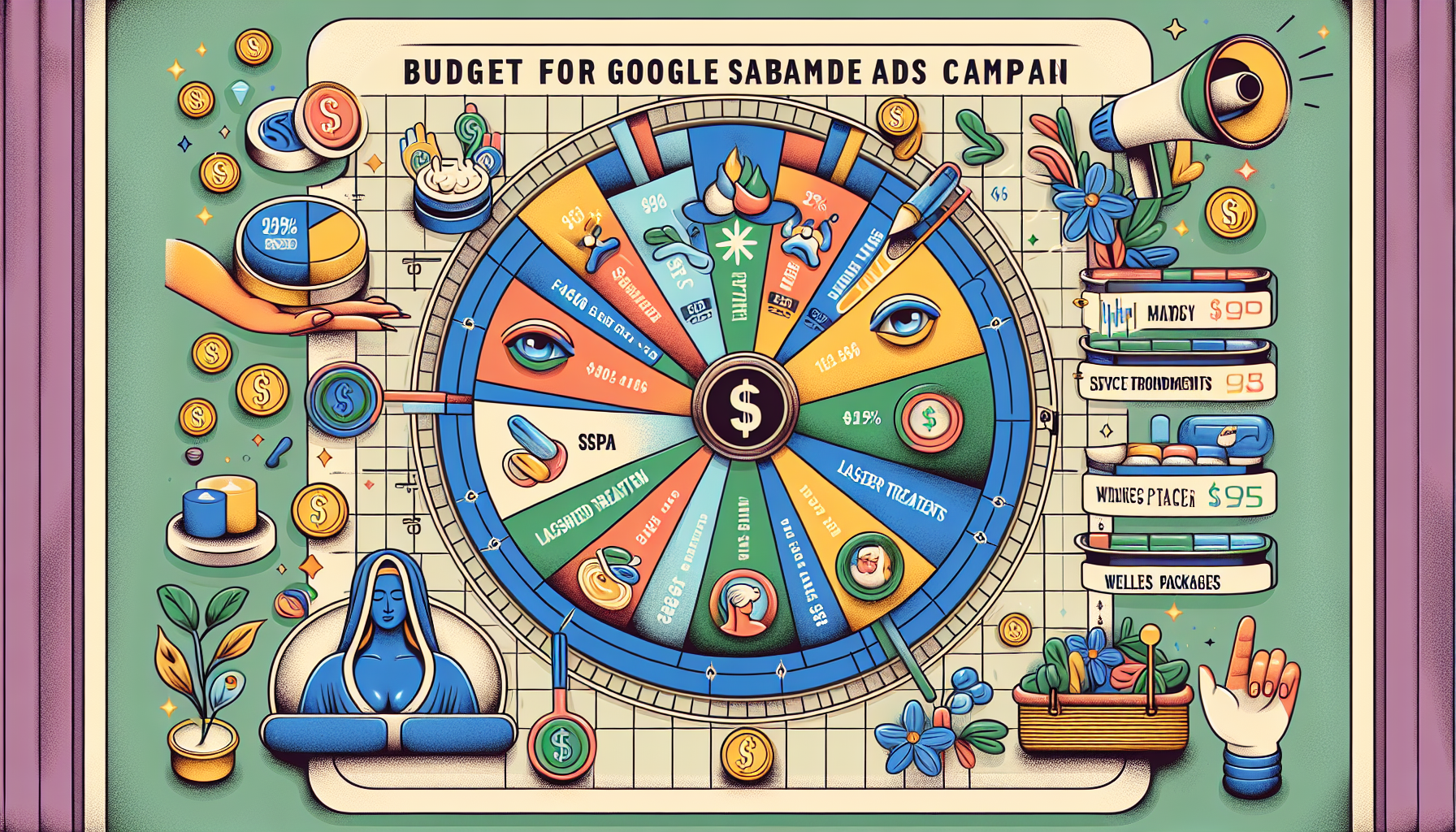 A colorful illustration showing budgeting for Google Ads in a med spa context.