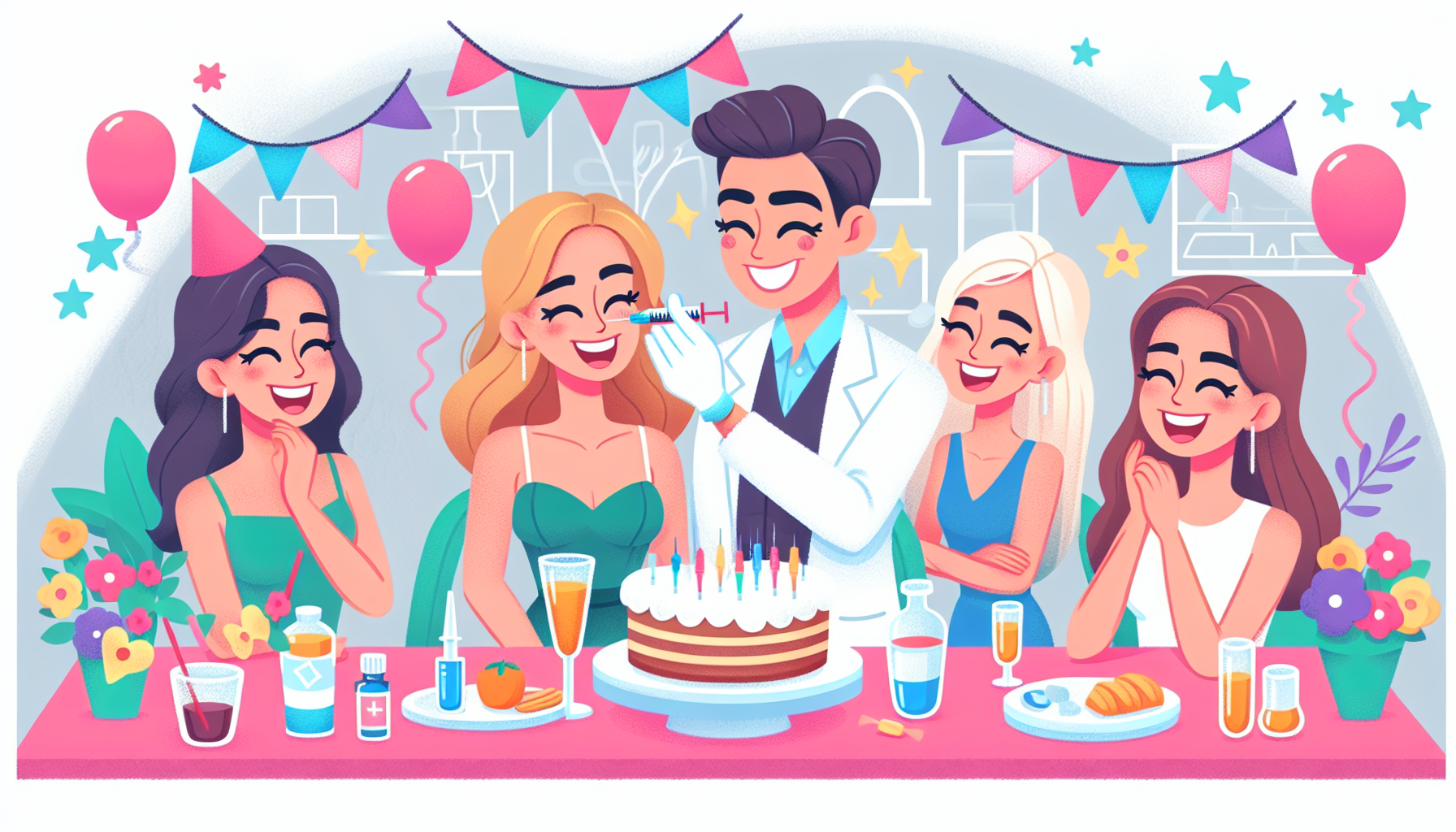 An illustration of a lively Botox party event.