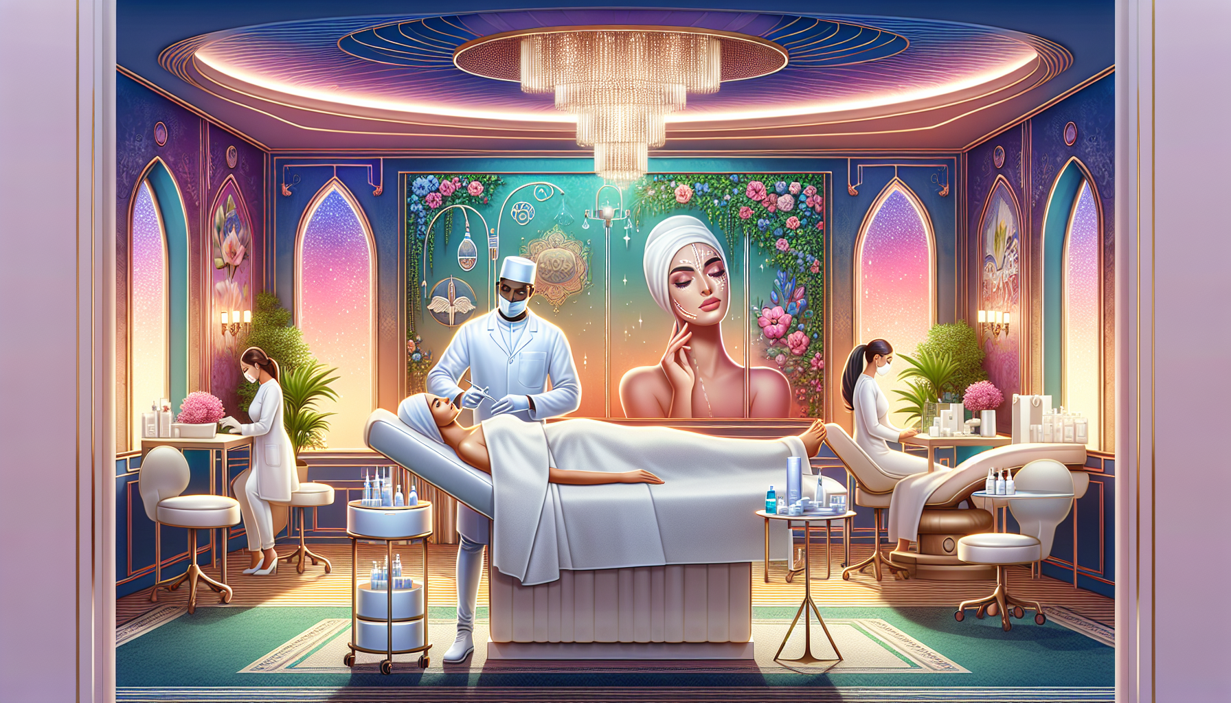 An illustration depicting a med spa environment with elements of compliance and advertising regulations.