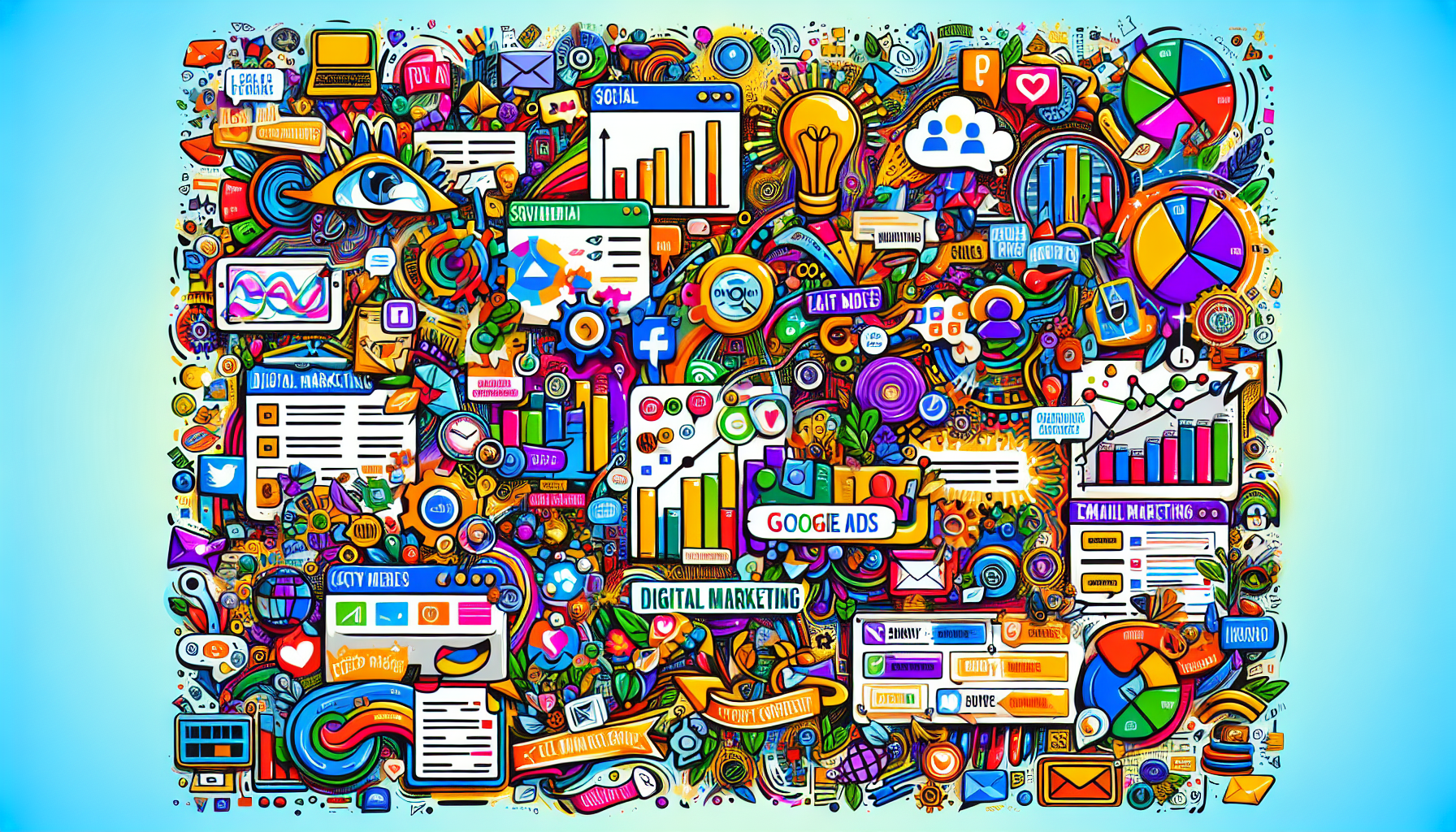 An illustration of a digital marketing strategy board with elements like social media ads and email marketing.