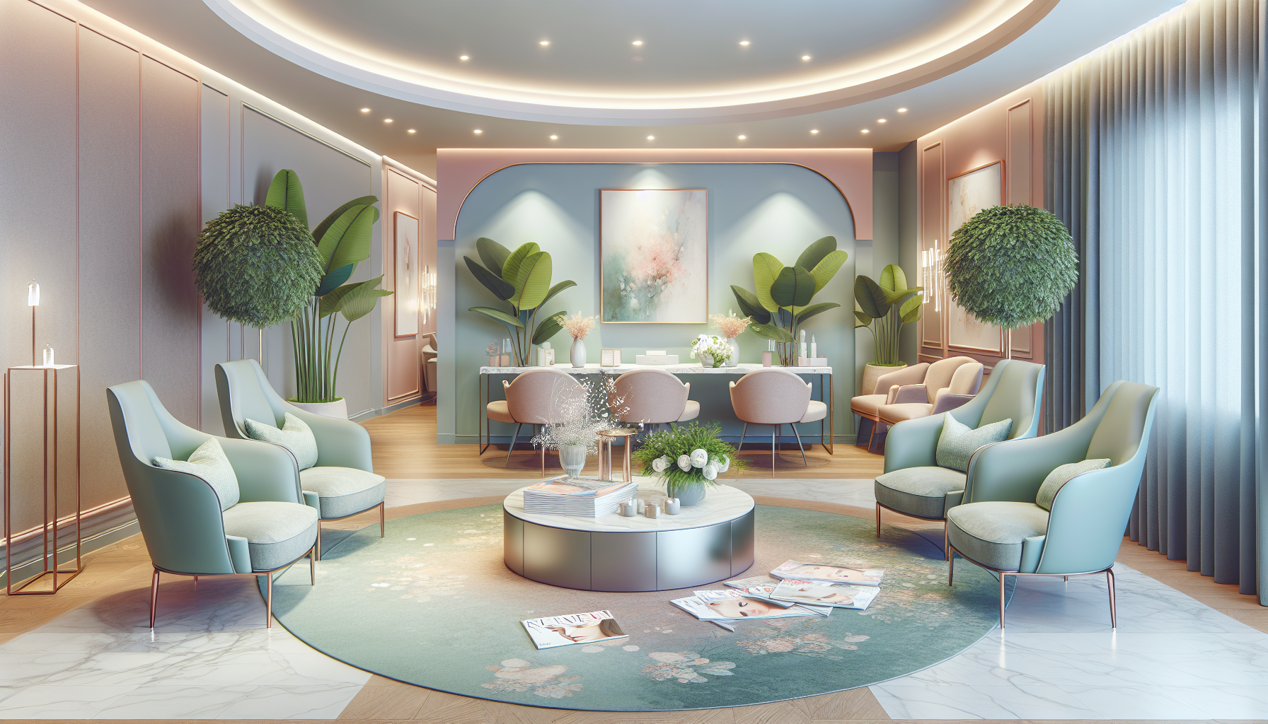 A serene and welcoming reception area in a med spa, designed to create a relaxing atmosphere.