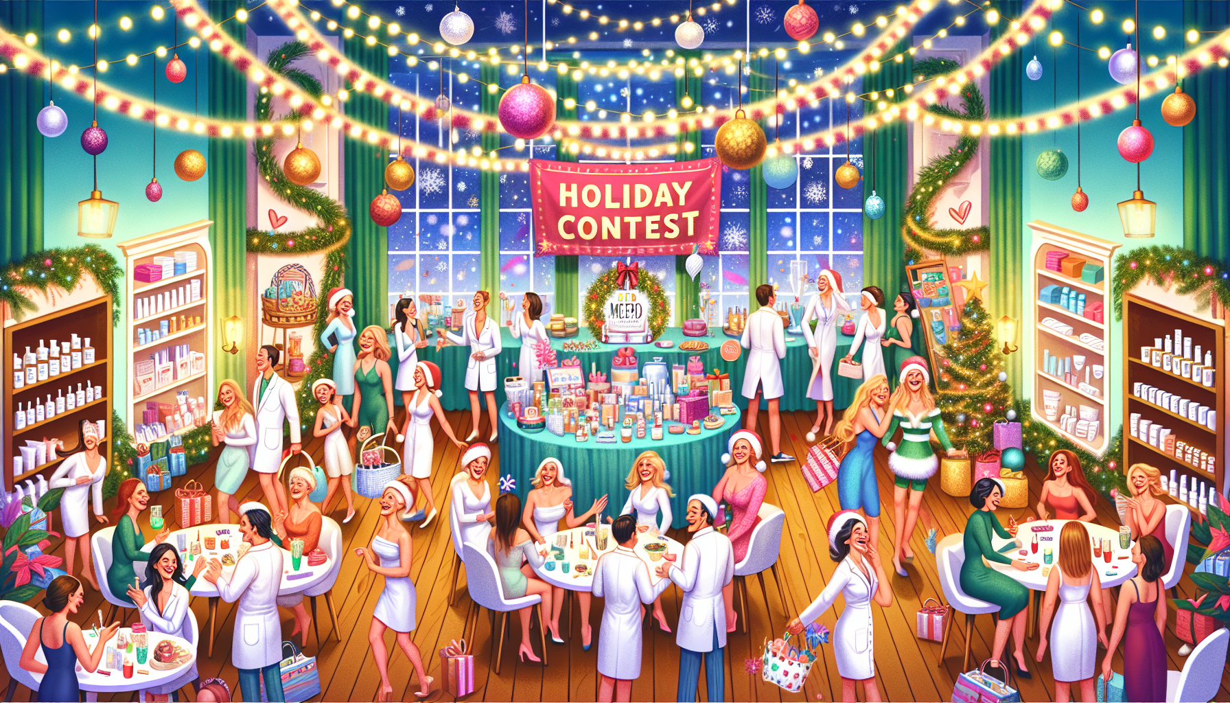 An illustration depicting clients engaging in holiday contests and giveaways at a med spa.