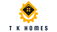 Logo for TK Homes, featuring a house icon inside a gear, all in yellow and black, with 