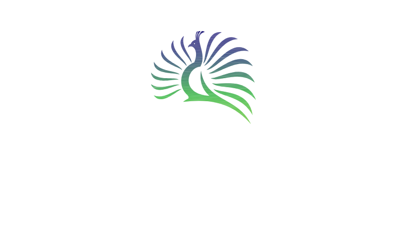 A green and purple peacock logo on a white background.