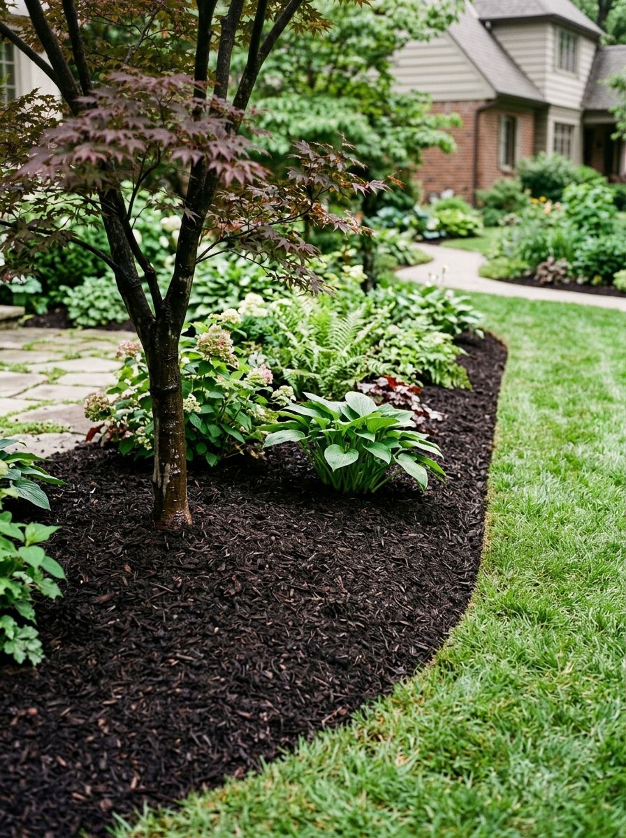 Mulched garden bed with trees and shrubs beside a curved lawn in a landscaped yard